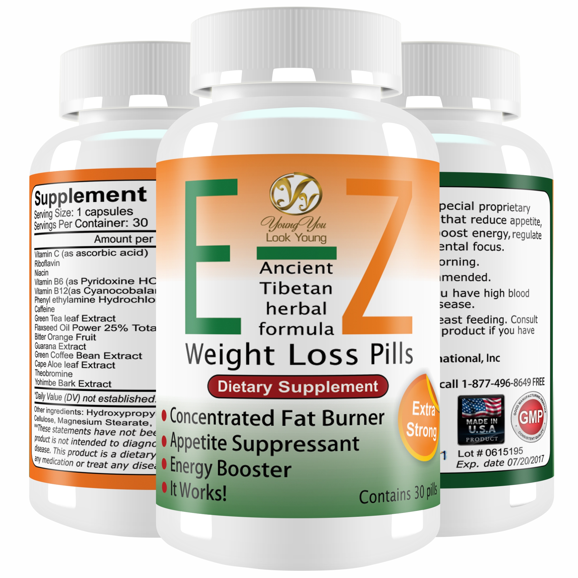 YoungYou Organix E-Z Weight Loss Pills. Double Strength Herbal Appetite Suppressant and Fat Burner