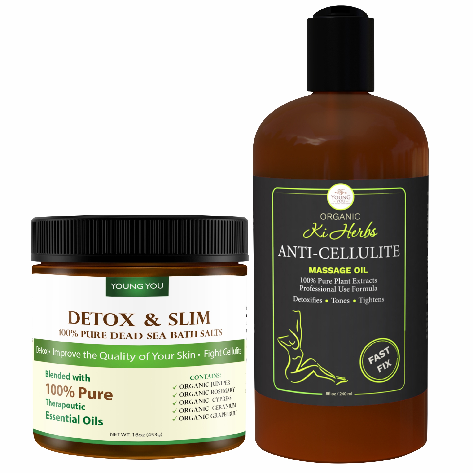 YoungYou Cellulite Removal Combo: Dead Sea Salt and Skin Tightening Massage Oil.